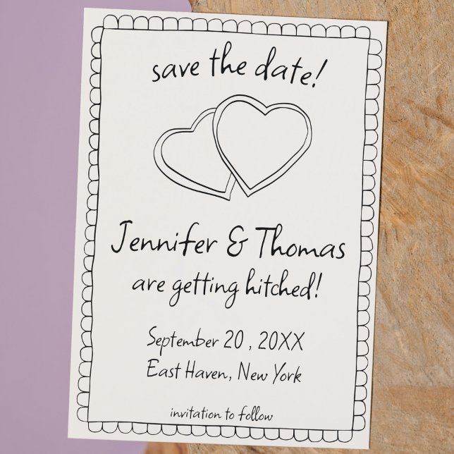 Quirky Whimsical Hand Drawn Doodle Save the Date Einladung (hand drawn scribble doodle sketch save the date heart handwriting QR code black and white quirky )