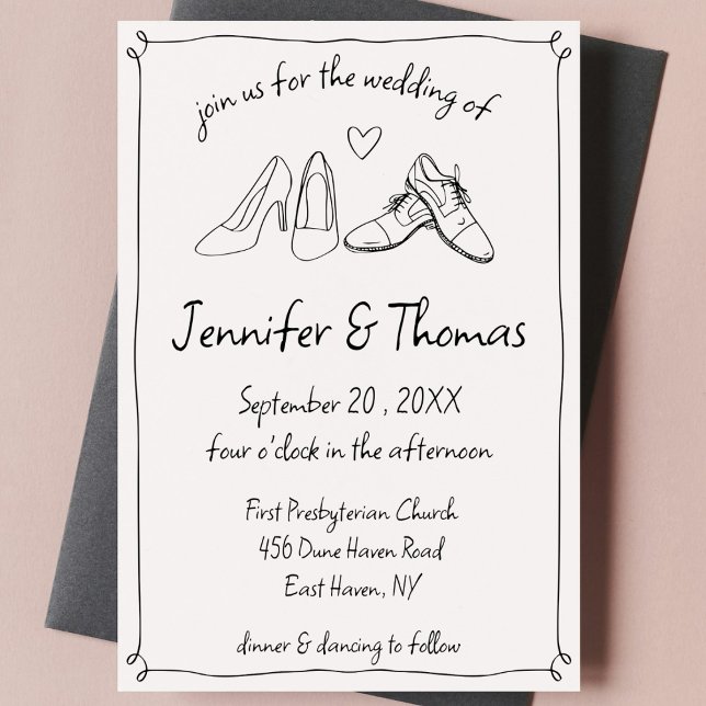 Quirky Whimsical Hand Drawn Doodle Shoes Hochzeit Einladung (quirky whimsical hand drawn doodle scribble wedding invitation wedding shoes handwritten black cute)
