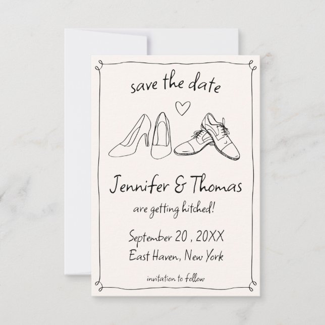 Quirky Whimsical Hand Drawn Doodle Shoes Hochzeit Save The Date (Vorderseite)
