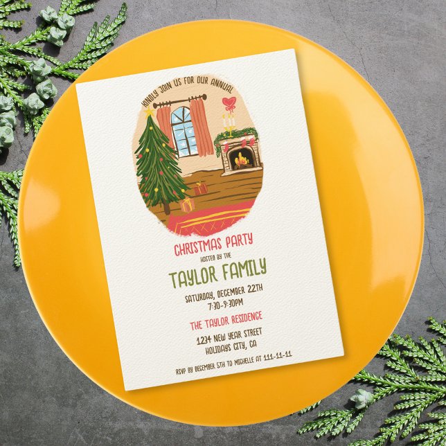 Quirky Whimsical Hand gezeichnet Weihnachtsessen P Einladung (whimsical christmas decorated cosy room dinner party invitation)