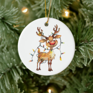 Quirky Whimsical Rentier mit Baumleuchten Keramik Ornament