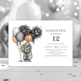 Quirky Whimsy Mädchen 10. Geburtstag Schwarz Gold Einladung