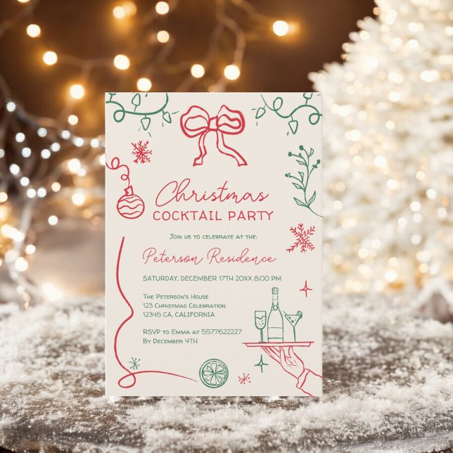 Quirly Red Green Illustration Weihnachtscocktail Einladung (Quirky red green illustration Christmas Cocktail Invitation)