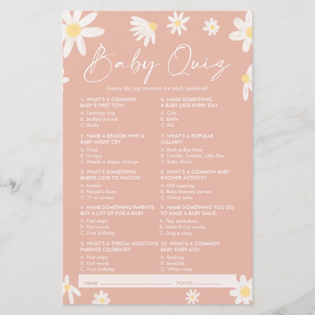 Quiz Baby Shower Game, Daisy Baby Showspiel (Vorderseite)