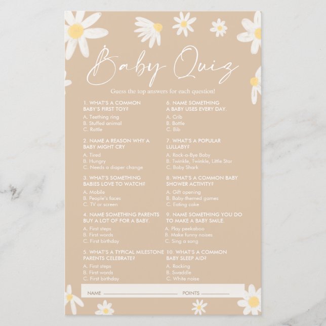 Quiz Baby Shower Game, Daisy Baby Showspiel (Vorderseite)