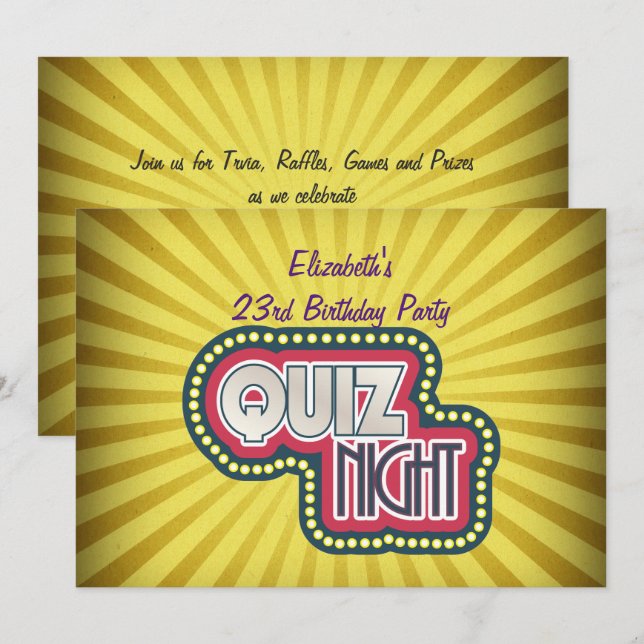 Quiz Night BirthdayTrivia Party Gelber Sonnenbrand Einladung (Vorne/Hinten)