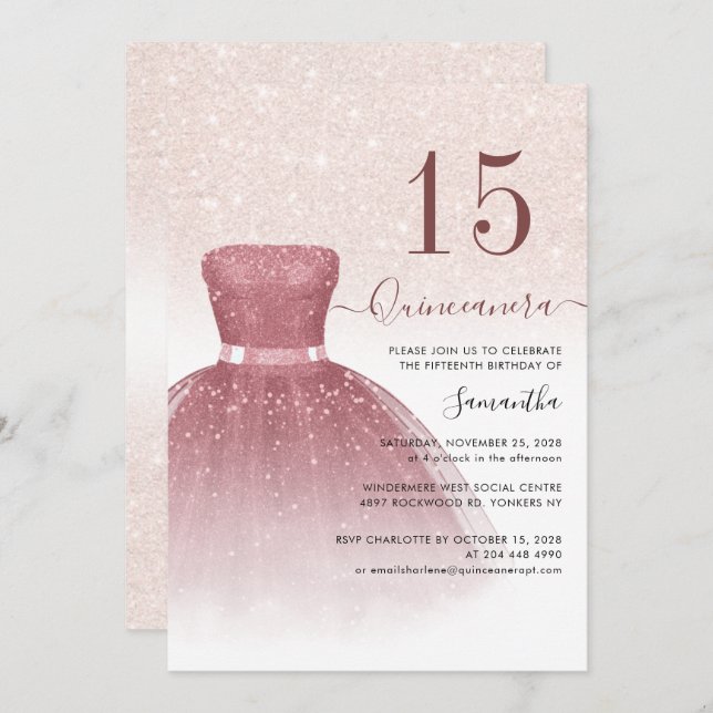 Quniceanera 15. Geburtstagsparty Pink Glitzer Einladung (Vorne/Hinten)