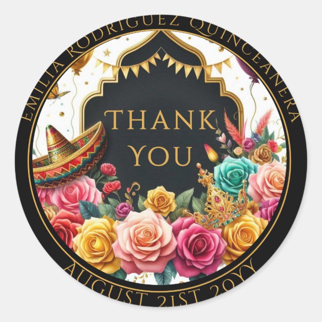 Quniceanera Bevorzugung Bag Fiesta Rose Blumendank Runder Aufkleber (Vorderseite)