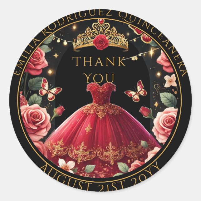 Quniceanera Fvor Bag Rote Rosen Blumendanke Runder Aufkleber (Vorderseite)