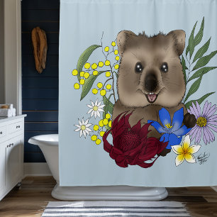 Quokka Glücklich Australien Floral Blau Duschvorhang