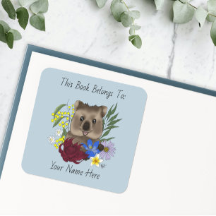 Quokka Glücklich Australien Floral Blau Exlibris Quadratischer Aufkleber