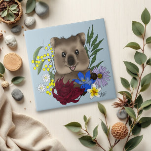 Quokka Glücklich Australien Floral Blau Fliese