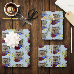 Quokka Glücklich Australien Floral Blau Geschenkpapier Set