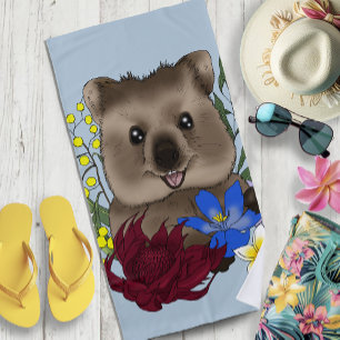 Quokka Glücklich Australien Floral Blau Strandtuch