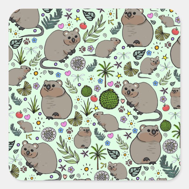 Quokkas in Grün Quadratischer Aufkleber (Vorderseite)