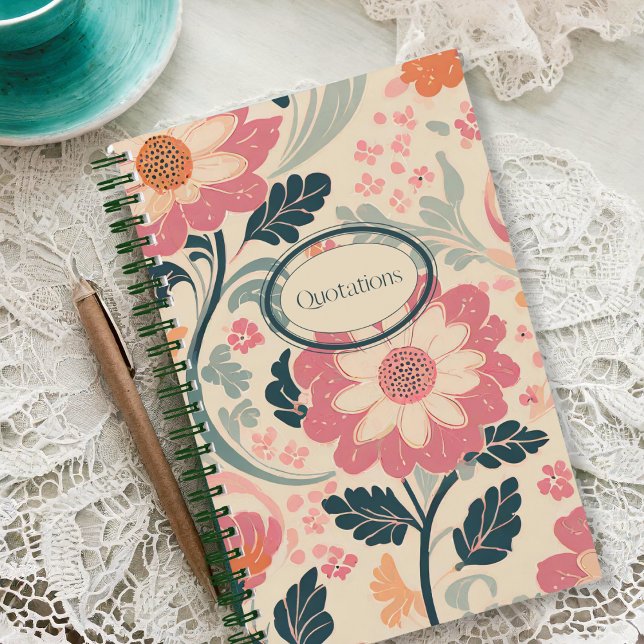 "Quoten" Rosa 60er Vibes Zitat Journal Notizbuch (Personalize this pink floral pattern quote journal with a 1960s aesthetic by adding your initials!)