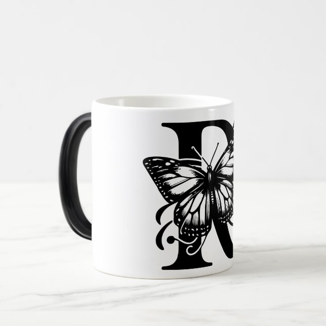 R Alphabet Black Butterfly Verwandlungstasse (Vorderseite Links)