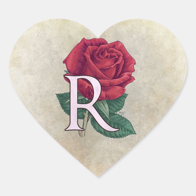 R für Rose Blume Monogramm Herz-Aufkleber (Vorderseite)
