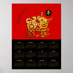 R Gold Ox Papercut Chinesischer Neujahrskalender 2 Poster