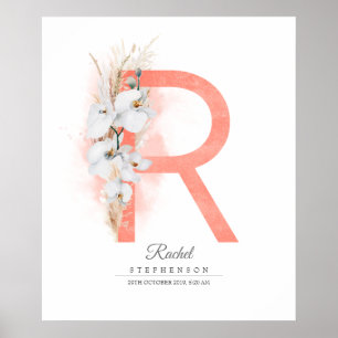 R-Initial-Monogramm weiße Orchideen und Pampasgras Poster