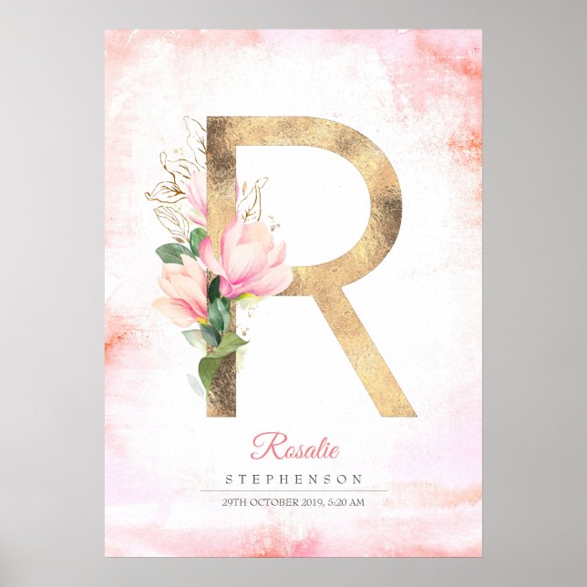 R Letter Monogram Gold Blätter Pink Magnolia Flora Poster (Vorne)