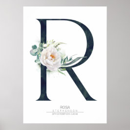R Letter Monogram Weiße Blume und Grüne Poster