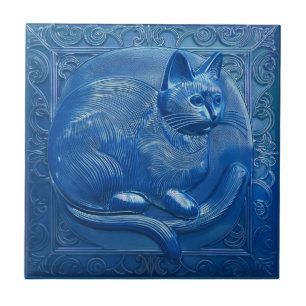 R Marineblaue falsche Relief Art Nouveau Katze Fliese
