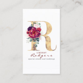 R Monogram Burgundy Red Blume und Gold Glitzer Visitenkarte