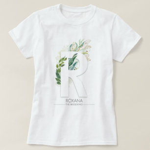 R Monogram Gold Greenery Blätter Elegant T-Shirt