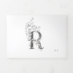 'R' Monogram Schöne gezeichnete Blumenhochzeit Dreifach Gefaltete Einladung