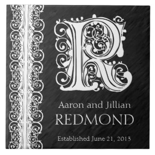 R Monogram "White Lace on Black" Hochzeitszange Fliese