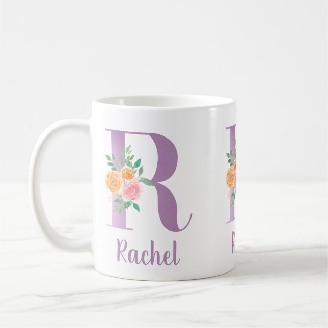 R Monogramm Lila Blumenfarbe Personalisiert Kaffeetasse (Links)