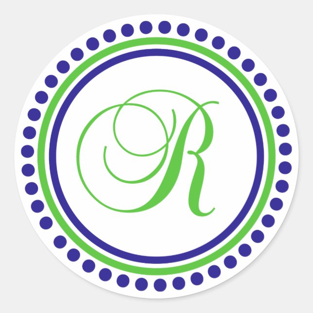 R Monogramm (Navy Blue / Lime Green Dot Circle) Runder Aufkleber (Vorderseite)