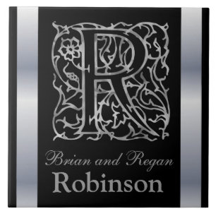 R Monogramm und Name "Besque on Black" Keramik Til Fliese