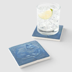 R Navy Blue Imitats Relief Art Nouveau Cat Steinuntersetzer