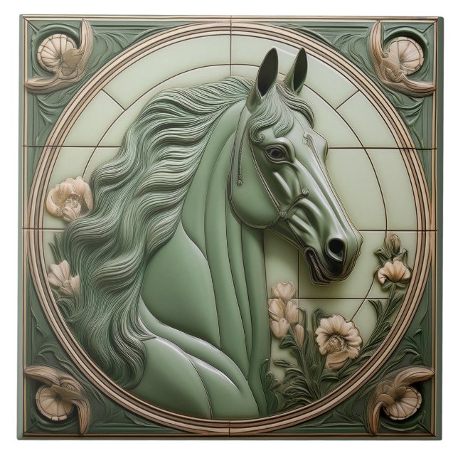 R Sage green faux relief Art Nouveau Horse Head Fliese (Vorderseite)