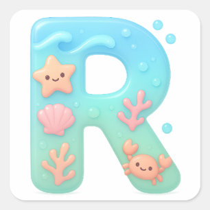 "R" Süßer Buchstabe - Unterwasser-Meereskreatur Quadratischer Aufkleber