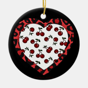 RAB Rockabilly Cherries Leopard Print Heart Keramik Ornament
