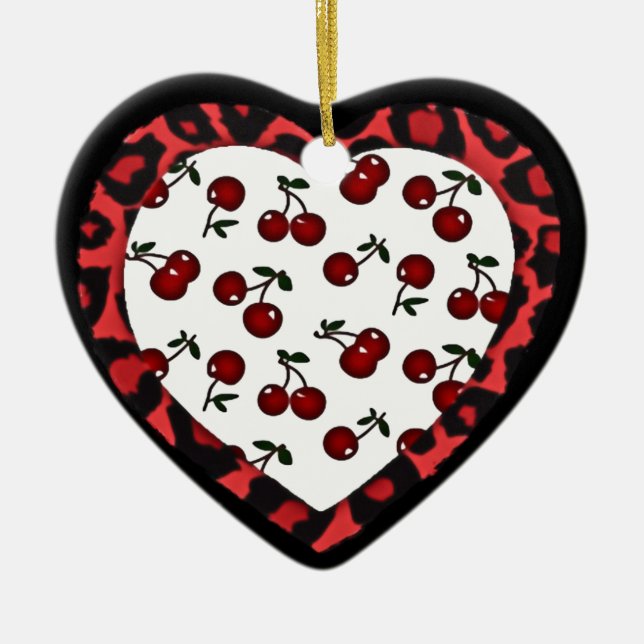 RAB Rockabilly Cherries Leopard Print Heart Keramikornament (Vorne)