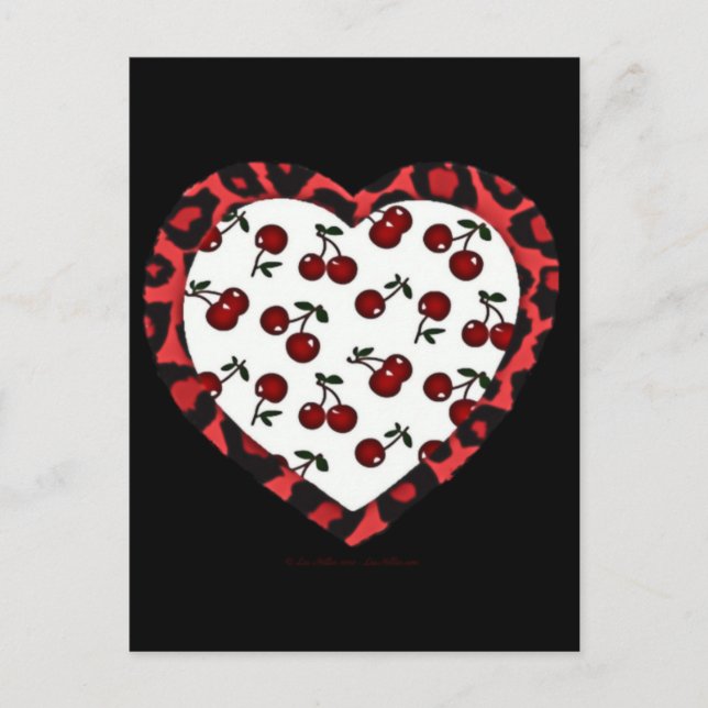 RAB Rockabilly Cherries Leopard Print Heart Postkarte (Vorderseite)