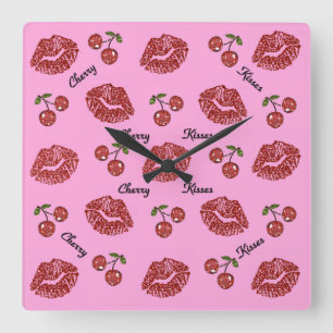 RAB Rockabilly Cherry Kisses on Pink Quadratische Wanduhr