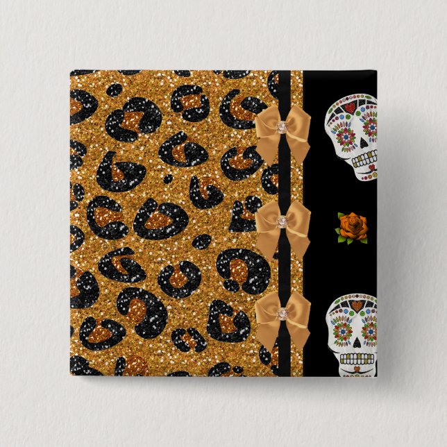 RAB Rockabilly Gold Leopard Print Sugar Skulls Button (Vorderseite)