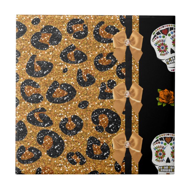 RAB Rockabilly Gold Leopard Print Sugar Skulls Fliese (Vorderseite)