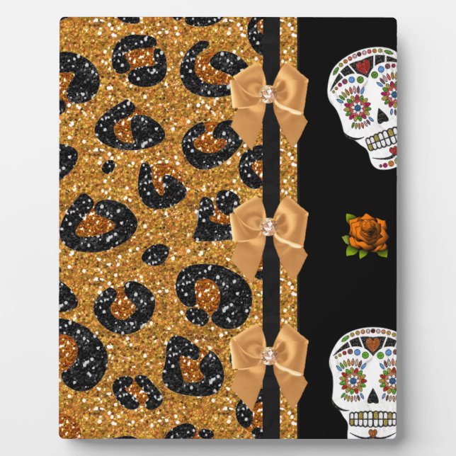 RAB Rockabilly Gold Leopard Print Sugar Skulls Fotoplatte (Vorderseite)