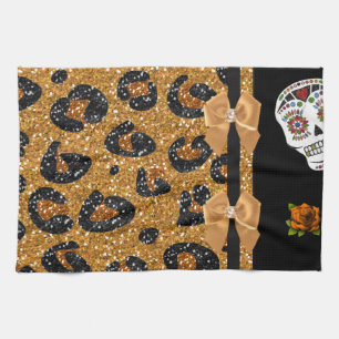 RAB Rockabilly Gold Leopard Print Sugar Skulls Geschirrtuch