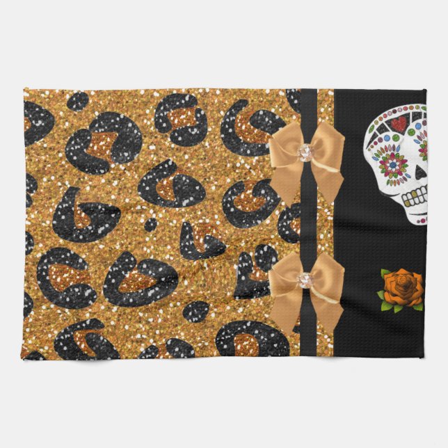 RAB Rockabilly Gold Leopard Print Sugar Skulls Geschirrtuch (Horizontal)