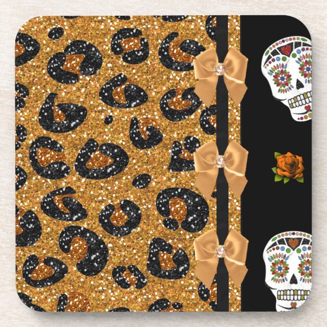 RAB Rockabilly Gold Leopard Print Sugar Skulls Getränkeuntersetzer (Vorderseite)