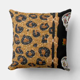 RAB Rockabilly Gold Leopard Print Sugar Skulls Kissen