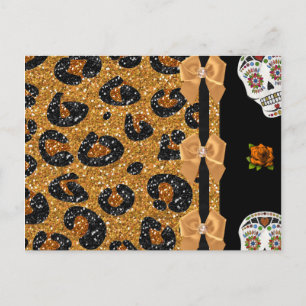 RAB Rockabilly Gold Leopard Print Sugar Skulls Postkarte