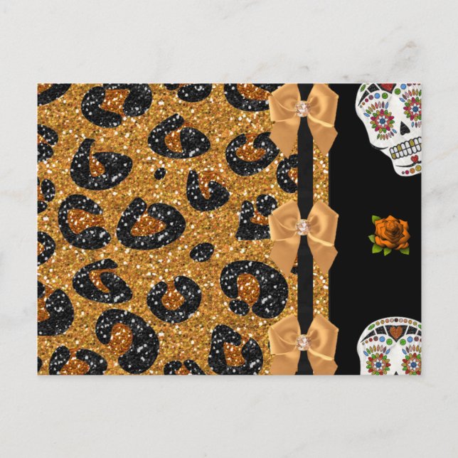RAB Rockabilly Gold Leopard Print Sugar Skulls Postkarte (Vorderseite)